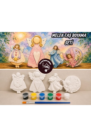 Melek Taş Boyama Seti 4 Obje + 6 Renk Boya + 1 Fırça + Boyama Sertifikası