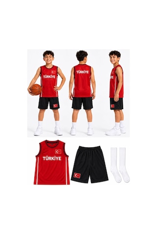 Sonvadi Çocuk Basketbol Forması Türkiye Armalı Kırmızı-siyah 3 Parça Çorap Kırmızı