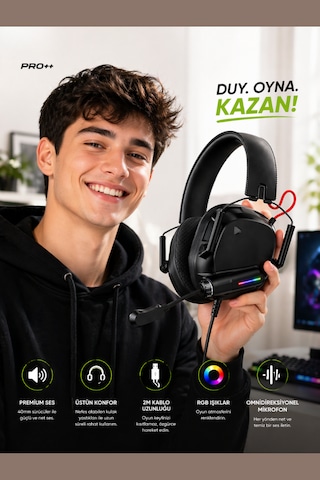 Rgb Işıklı Gaming Kulaklık 40mm Sürücü Omnidirectional Mikrofon 2m Kablo Usb-type-c Girişli
