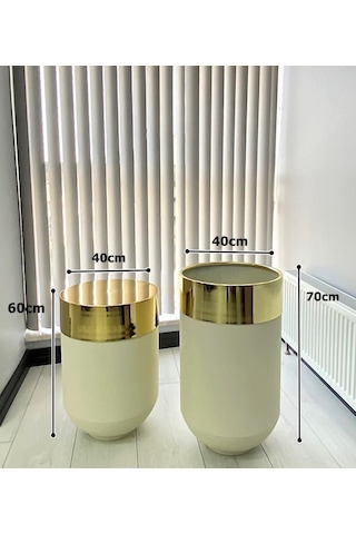 Dekoratif Gold Darbuka Beyaz Saksı 70cm + Sehpa 60cm İkili Set