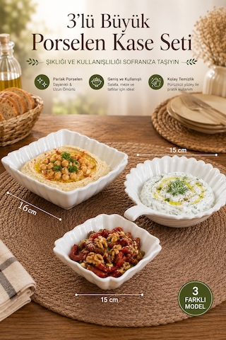 Porsima 3'lü Beyaz Porselen Kase Seti 3 Farklı Model Salata, Meze Ve Tatlı Sunum Kasesi 15 Cm - 16 Cm