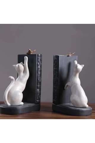 Dekoratif Kedi Figürlü İkili Kitap Tutucu Beyaz Renk