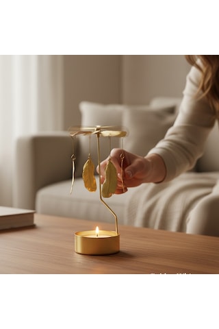 Gold Döner Yaprak Temalı Tealight Mumluk Dekoratif Masa Üstü Aksesuar Gold
