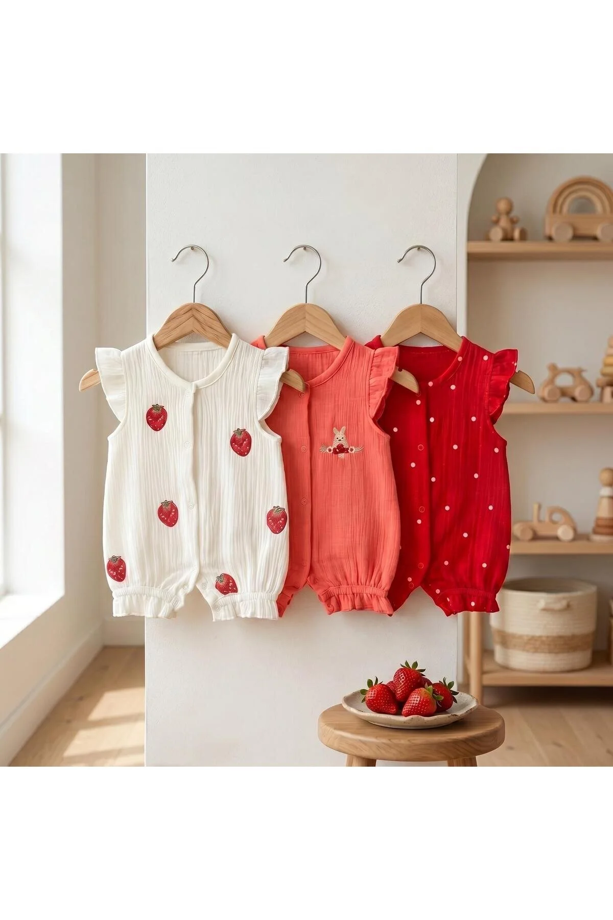 Altıntaş Baby 3'lü Kız Bebek Müslin Tulum Set Beyaz Kırmızı Mercan
