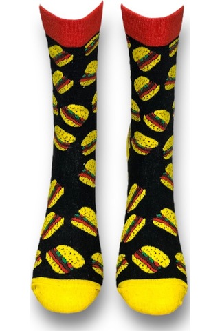 Me-vo Tekli Siyah Renkli Unisex Esnek Nem Alabilen Pamuklu Hamburger Desenli Soket Çorap Siyah