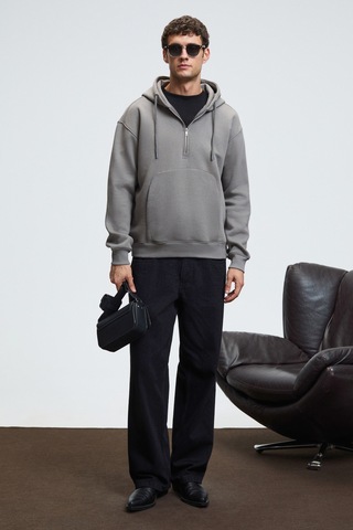 Grimelange JUSTUS Erkek Kapüşonlu Kanguru Cepli Fermuar Yakalı Koyu Gri Sweatshirt