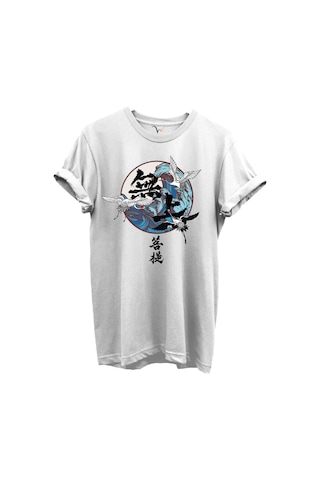 Japon Sanatı Stilinde Turna Kuşları Ve Dalga Desenli %100 Pamuk Regular Fit Unisex T-shirt Beyaz