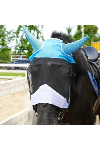 Elmpaly Havalı File Sinek Maskesi, Kulaklıklı, Mavi L, Büyük At İçin Çıkarılabilir Rahip Maskesi.