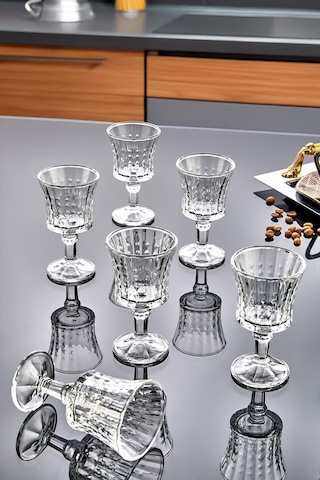 Modern Çizgili Desenli 6 Lı Ayaklı Cam Kahve Yanı Su Bardak Seti Takımı Şeffaf