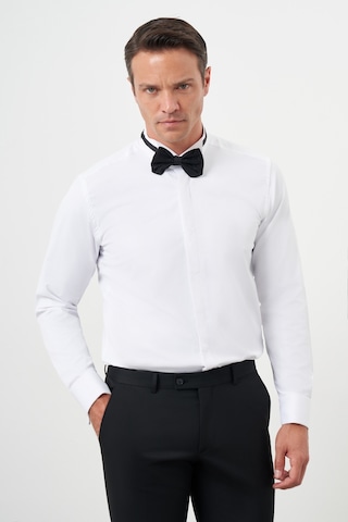 Morven Erkek Beyaz Manşetli Düz Desen Ata Yaka Slim Fit Gömlek Beyaz