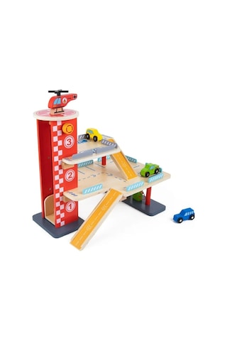 Ahşap Otopark Arabalar Asansörlü Helikopterli Garaj Oyun Seti