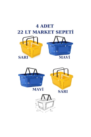 4 adet 22Litre Market ve Alışveriş Sepeti, Saplı Market Sepeti R