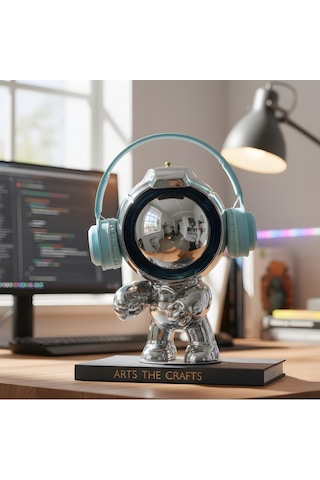 Dekoratif Astronot Heykelcik Mavi Reçine + Galvaniz Kaplama 285mm