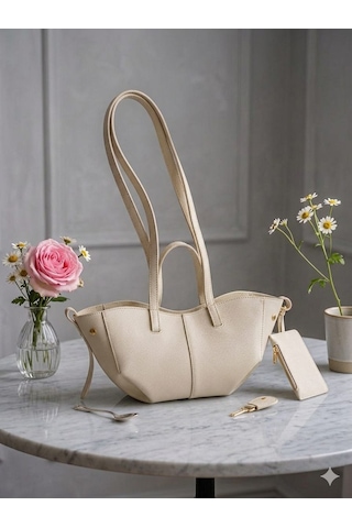 Housebags Valentina Kadın Fermuarlı + Cüzdan Charm El Ve Omuz Çantası Bej