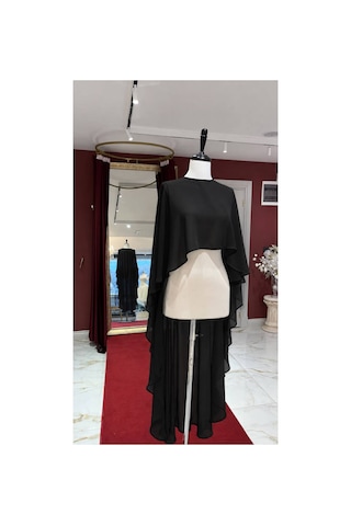 Ezni Atelier Siyah Şifon Gelin Pelerini 140 Cm Transparan Siyah Abiye Pelerini Uzun Abiye Pelerini Zarif Düğün Pelerini Siyah Siyah