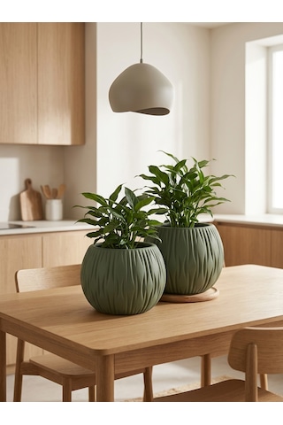 Kaveld Stone Calm El Yapımı Dekoratif Seramik Görünümlü Saksı Çizgi Kabartmalı Minimalist Iç Mekan Saksısı Salon Balkon Ofis Çiçeklik Ev Dekoru Yaprak Yeşili