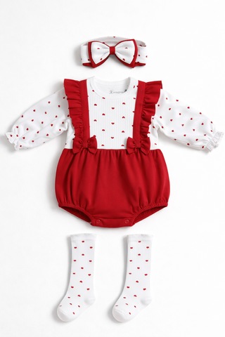 Milays Kız Bebek Bandanalı Çoraplı %100 Pamuk 3 Lü Takım Kırmızı