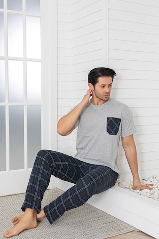 Sude Homewear Erkek Ekoseli Cepli Kısa Kollu Pijama Takımı Gri
