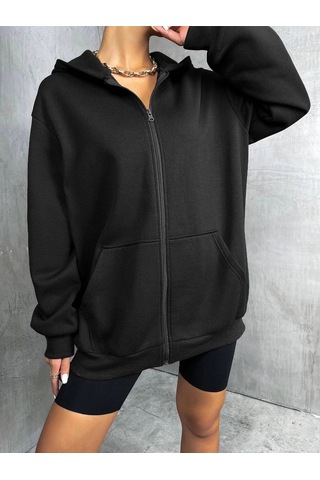 Adrift Unisex Renkli Oversize Kapüşonlu Fermuarlı Hırka Siyah