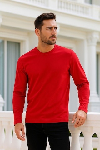 Rich Erkek Uzun Kollu Bisiklet Yaka Tişört - %100 Pamuk Basic Relaxed T-shirt Kirmizi