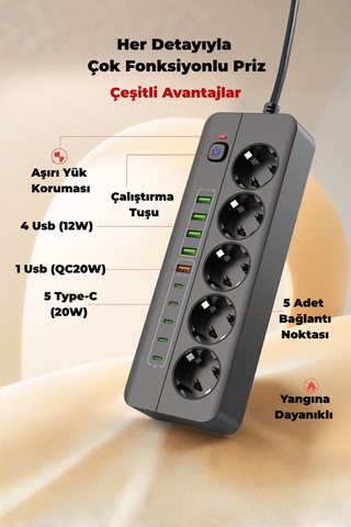 Pro P13 Siyah 3000w Akım Korumalı 5 Girişli Type-c Ve Usb Girişli Uzatmalı Grup Priz 0.2 M