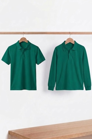 Nacar Store Unisex Çocuk Uzun Ve Kısa Kollu Polo Yaka Okul Tişörtü 2'li Set Zümrüt Yeşil