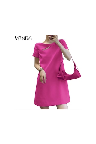 Sarı Vonda Bayan Yaz Yuvarlak Yaka Kısa Kollu Yırtmaçlı İnci Düğme Düz Tek Renk Kısa Elbiseler