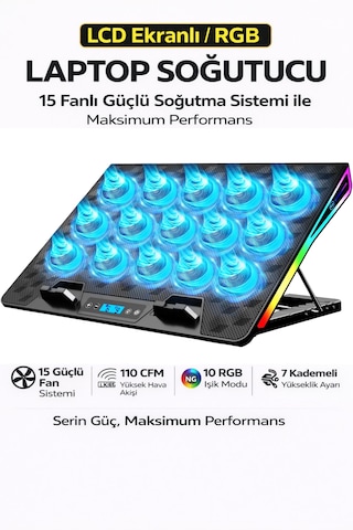 Rgb Işıklı Laptop Soğutucu Stand Lcd Ekran 15 Fanlı Güçlü Sessiz Soğutma
