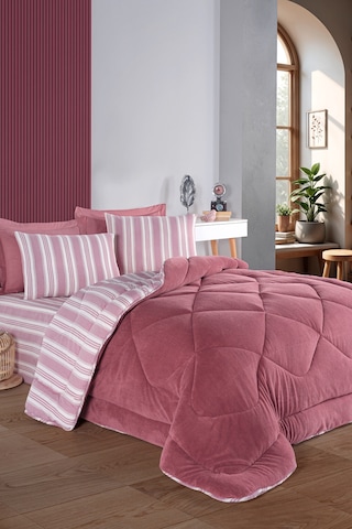 Uyku Seti Wellsoft Yorganlı Pofuduk 4 Parça Çift Kişilik Soft Line Bordo Bordo