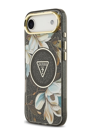 Apple Uyumlu iPhone 17 Air Kılıf Guess Lisanslı M-safeli Simli Çiçek Desenli Metal Kamera Çerçeveli Kapak Siyah Siyah
