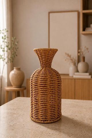 Doğal El Yapımı Rattan Vazo Dekoratif Hasır Vazo Bohem Salon Oturma Odası Masa Üstü Vazo 23 Cm Kahverengi