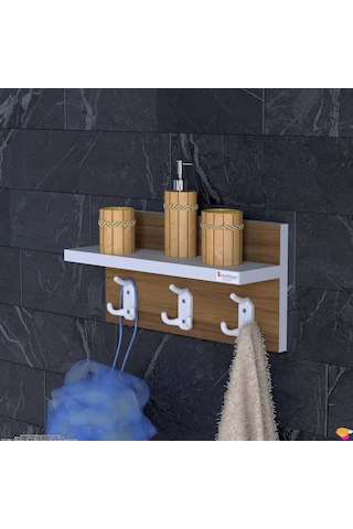 Modilayn Kedi Serisi 3 Lü Banyo Askısı Seti: 41,4x18 Cm, 9 Kancalı Raflı Düzenleyici Beyaz