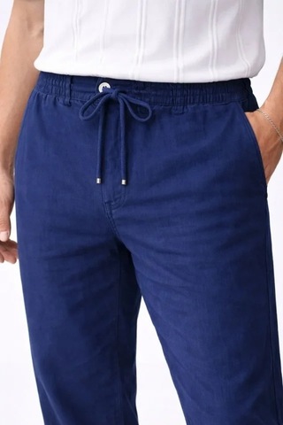 Defymoda Erkek Keten Cepli Pantolon Lastikli Bel Bağcıklı Önden Fermuarlı - İndigo