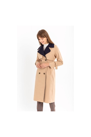 Pastelastore Pamuk Gabardin Uzun Çift Renk Garnili Kadın Trençkot 1114 Açık Bej