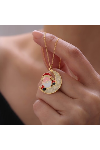 925 Ayar Gümüş Mineli Noel Baba Ve Ay Kolye Gold