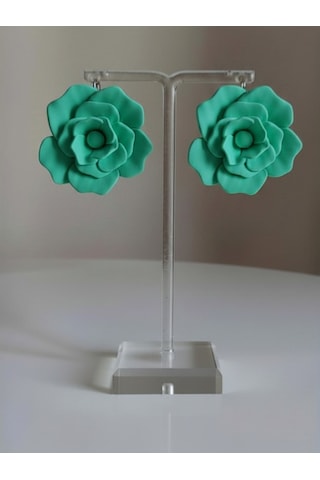 Kadın Küpe Büyük Aqua Yeşil Gül Çiçek Model - 6 Cm Minimalist Halka/çivili Gül Çiçek Küpe