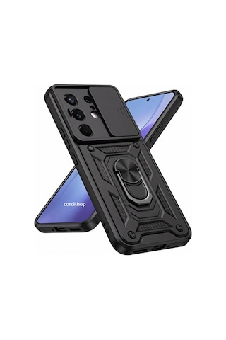 Tecno Camon 50 Ultra Uyumlu Kamera Korumalı Sürgülü Yüzüklü Standlı Kapak Siyah