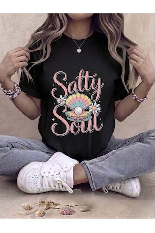 Retro İstiridye Ve İnci Baskılı Kompakt T-shirt Siyah