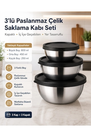 Saklama Kabı Seti 3'lü - Paslanmaz Çelik Çok Renkli