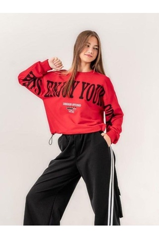 Kız Çocuk Enjoy Baskılı 2 İplik Sweatshirt-15351 Kırmızı