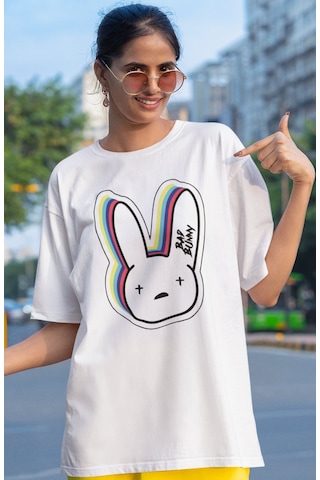 Sevbano Bad Bunny Rapper Şarkıcı Baskılı Unisex Oversize Tişört Beyaz