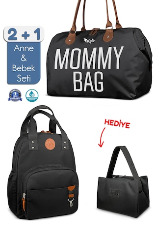 Stylo Bebek Bakım Kadın Omuz Çantası + Popi Anne Kadın Sırt Çantası + Termos Çanta Mommy Siyahtk