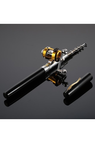 Olta Makarası Combo Kit Seti Mini Teleskopik Taşınabilir Cep Kalem Olta Direği + Makara Black