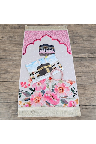 Çocuk Seccadesi Kabe Pembe & Kokulu Kalp İşlemeli Tesbih Bebek Pembesi & Hacca Gidiyorum Puzzle Çok Renkli