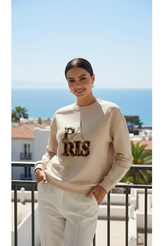 Taş Detaylı Eyfel Paris Yazılı Oversize Sweatshirt Ekru Ekru