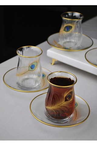 12 Parça 6 Kişilik Lüx Cam Çay Seti Gold Detaylı Altın Renk İşlemeli Lüks Çay Takımı Altın