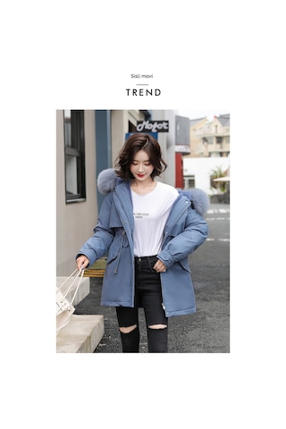 Snapbuy Kalın, Yumuşak Dolgulu, Midi Boy, Kapüşonlu, Kürk Detaylı Kadın Mont Mavi