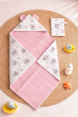 Heianmono Kundak Bebek Banyo Havlusu Dışı Müslin İçi Havlu (%100 Pamuk) (75x75 Cm) (Pembe) (0 - 24 Ay)