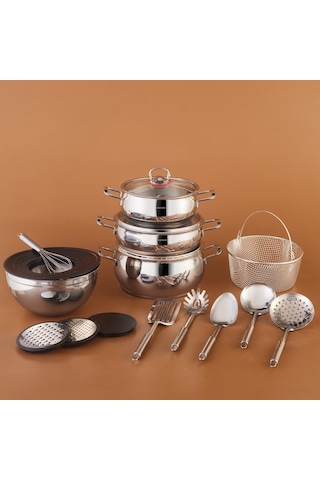 Karaca Karıştır-pişir-sakla 18 Parça Servis Gereçli Çelik Tencere Seti Gümüş