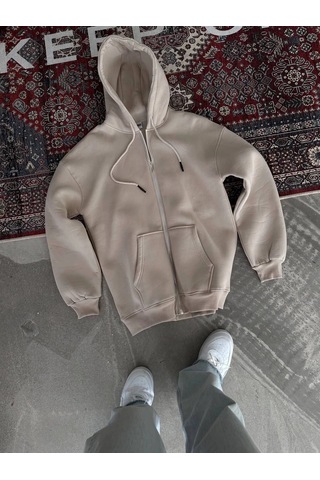 Barlashive Kadın 3 İplik Pamuklu Kapüşonlu Kanguru Cepli Baskılı Oversize Hoodie Sweatshirt - Bej Çok Renkli